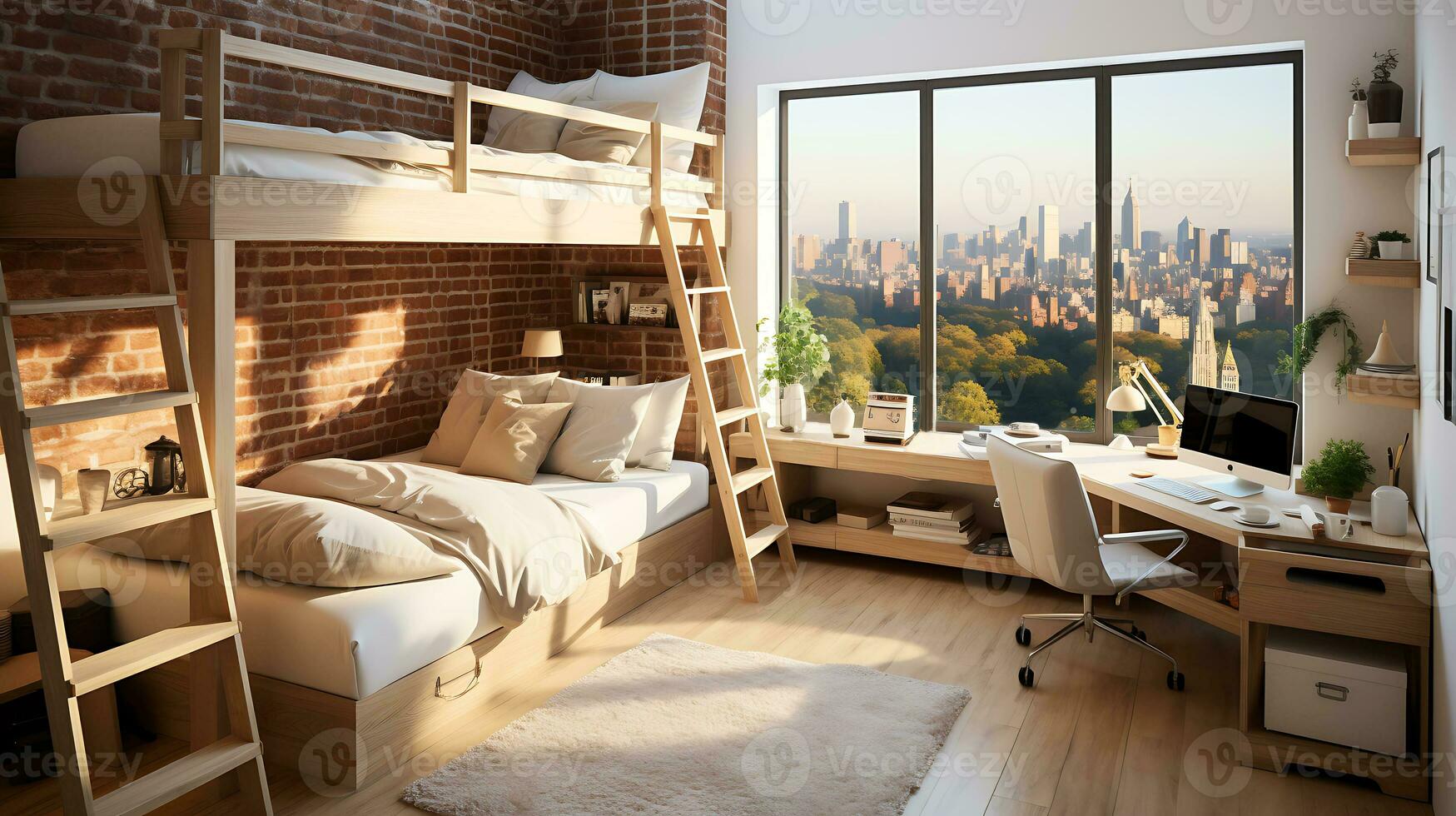 A room in a student dormitory with a bunk bed, a large window and a desk. AI Generative photo