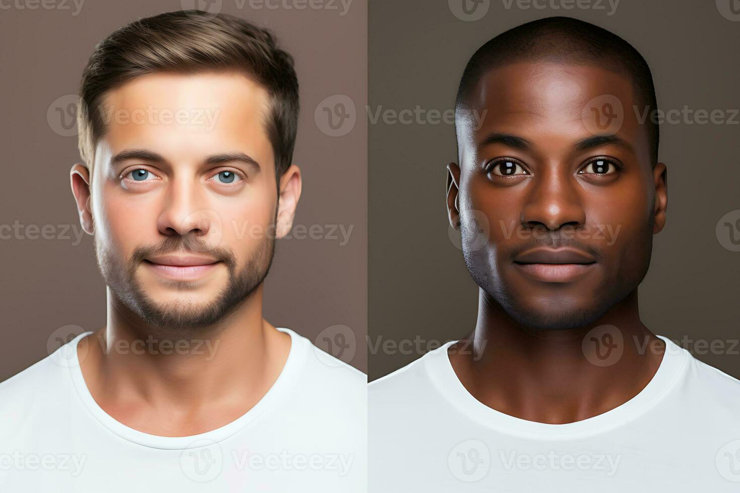 Two portraits in one photo. Caucasian and African American man posing against a brown background in white t-shirts.. AI Generative photo
