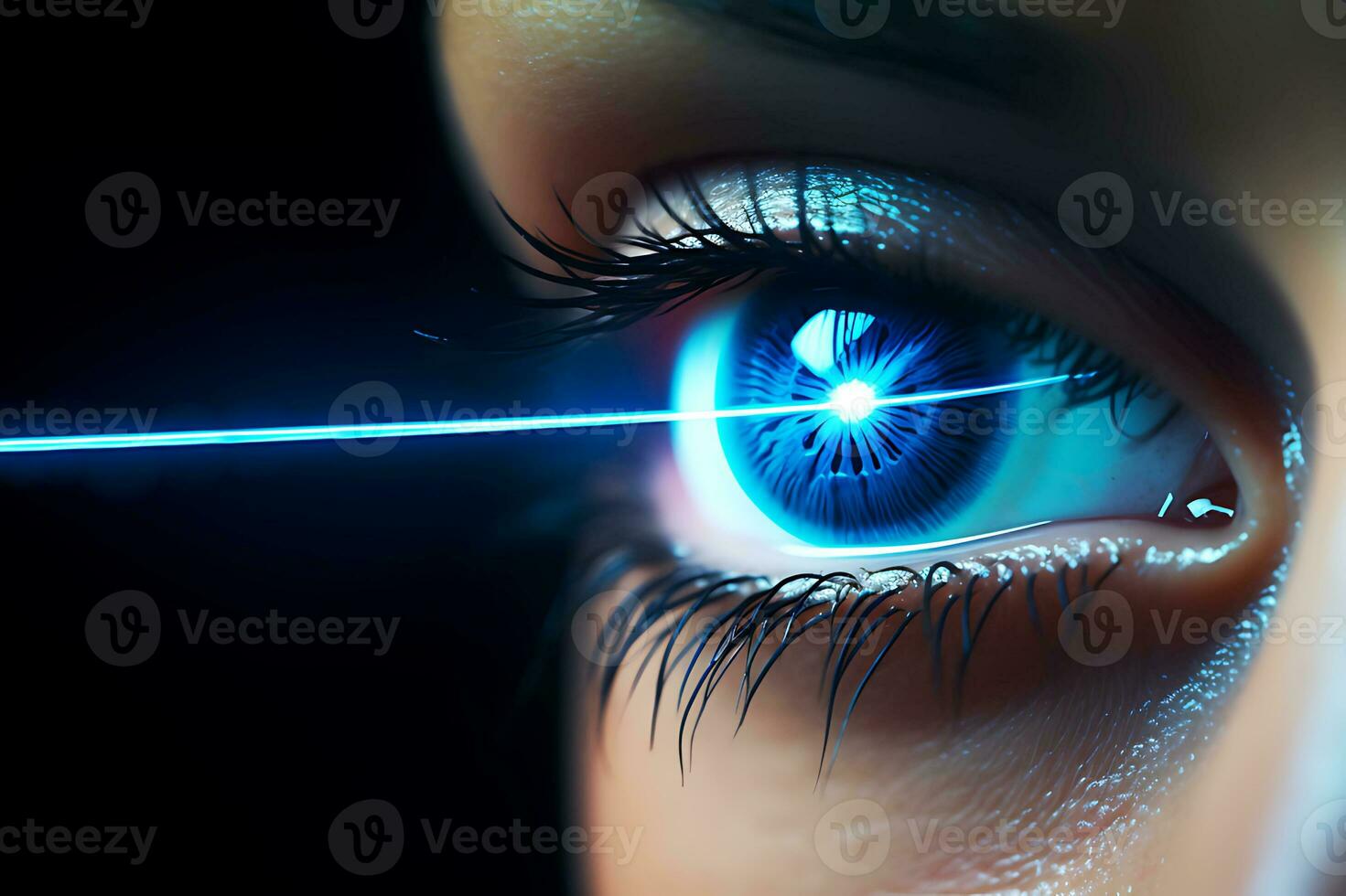 Laser vision correction. Woman's eye. Human eye. Woman eye with laser correction. Eyesight concept. AI Generative photo