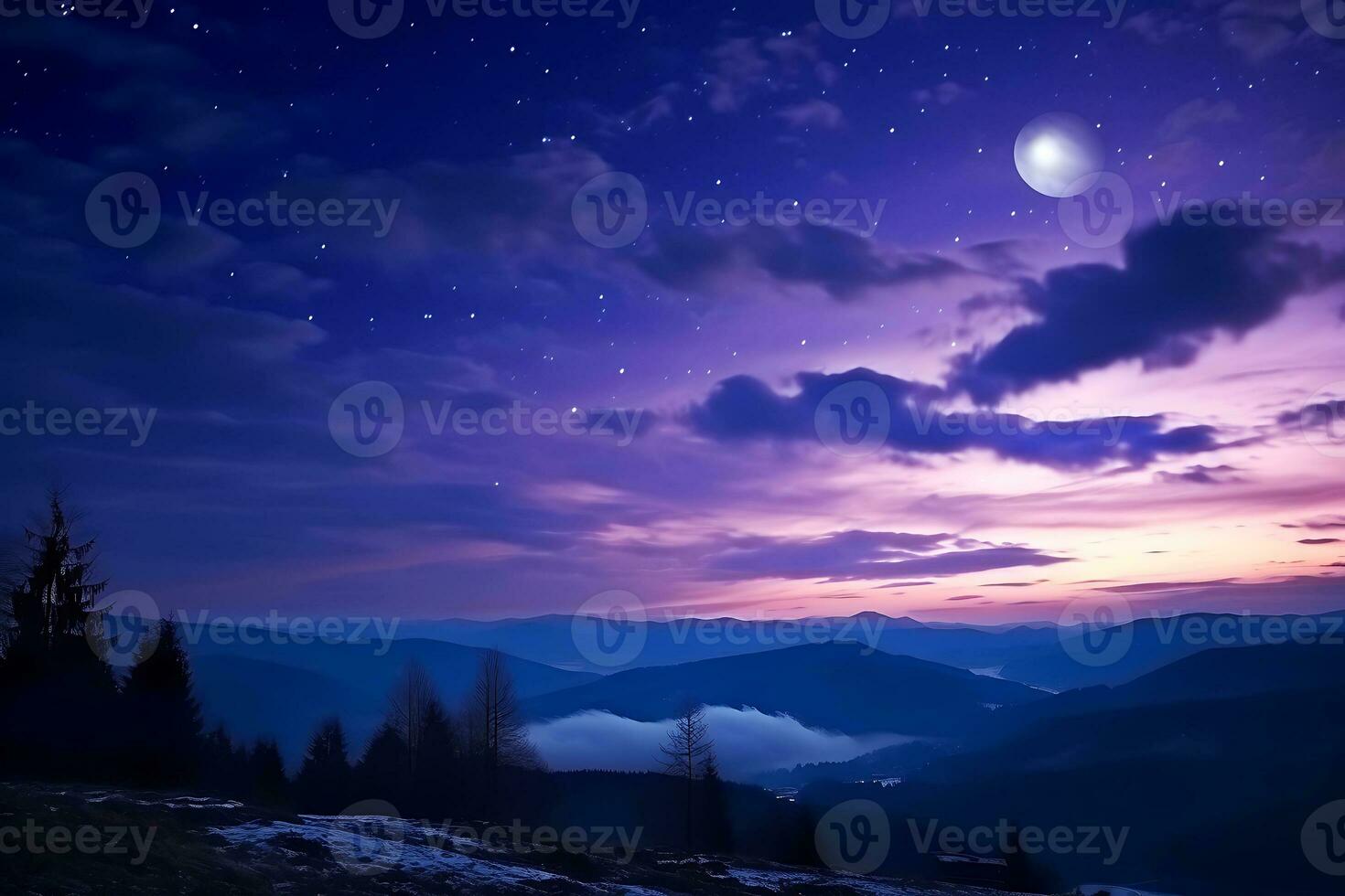 un menguante creciente en el púrpura cielo encima el sierras. hermosa noche estrellado cielo con púrpura rosado nubes ai generativo foto