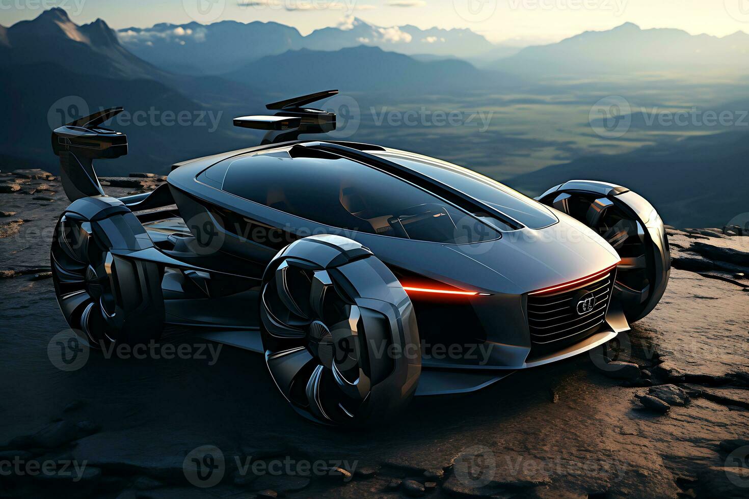 ai generativo.el diseño de el coche de el futuro en un oscuro color, con un simplificado cuerpo y enorme ruedas foto