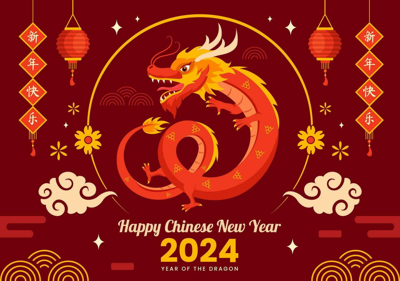 contento chino nuevo año 2024 vector ilustración. Traducción año de el continuar. con flor, linterna, dragones y China elementos en antecedentes