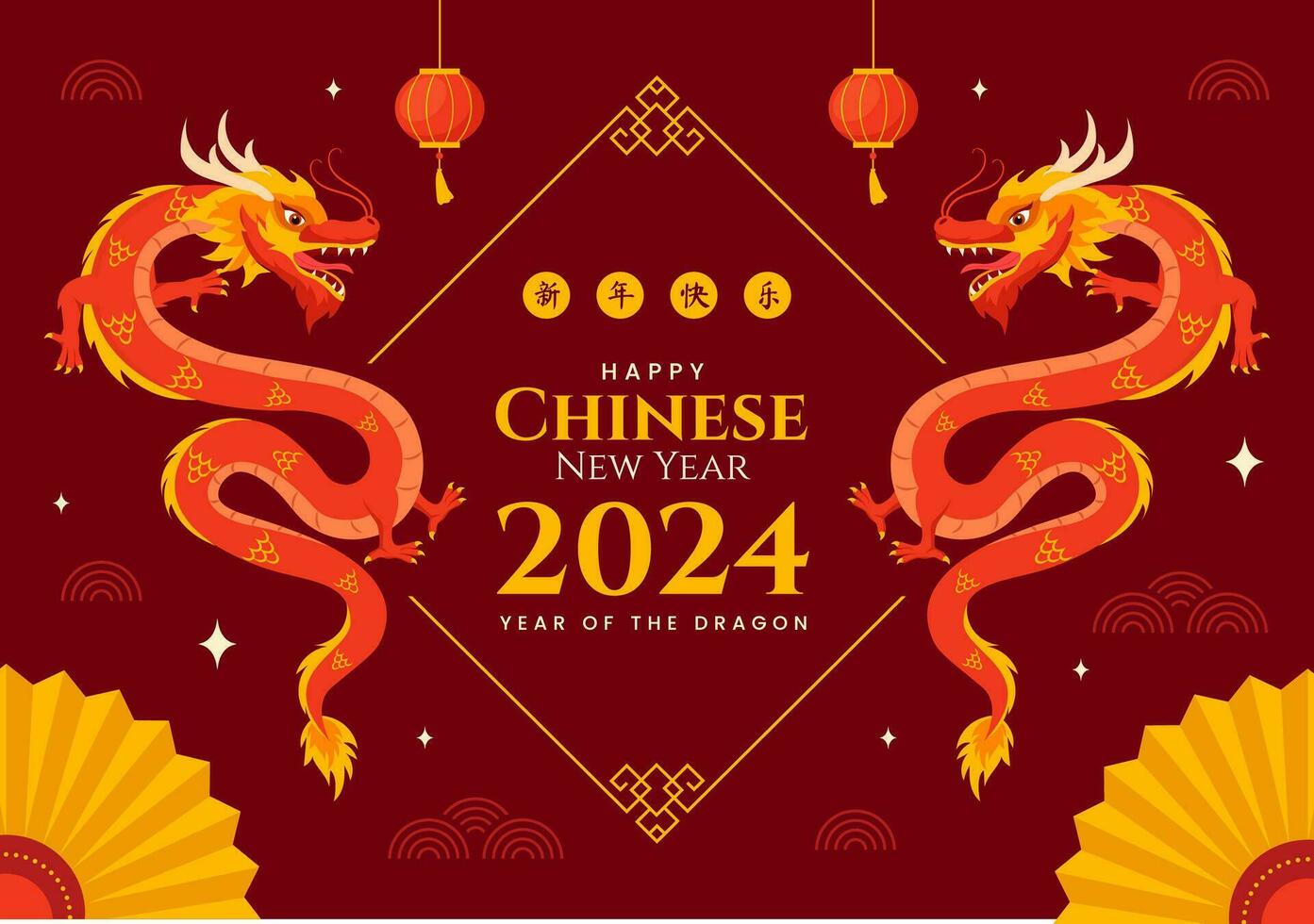 Happy Chinese New Year 2024 Vector Illustration. Translation Year of the Dragon. with Flower, Lantern, Dragons and China Elements on Background