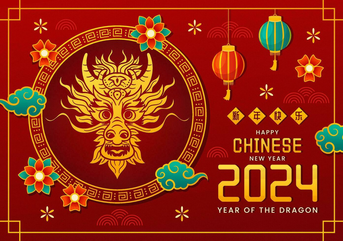 Happy Chinese New Year 2024 Vector Illustration. Translation Year of the Dragon. with Flower, Lantern, Dragons and China Elements on Background