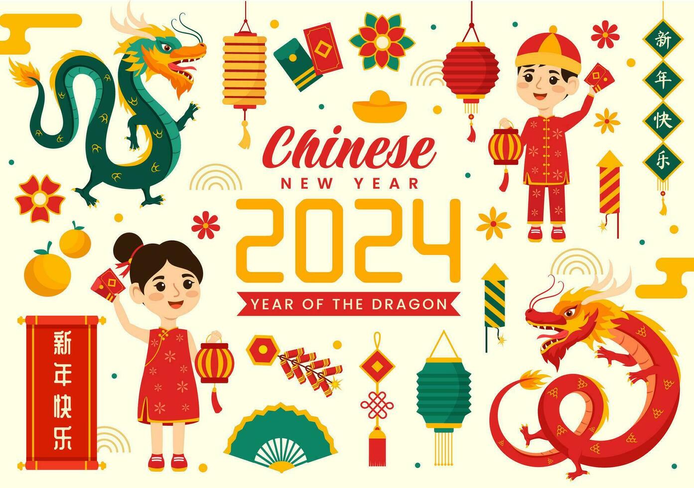 contento chino nuevo año 2024 vector ilustración. Traducción año de el continuar. con flor, linterna, dragones y China elementos en antecedentes