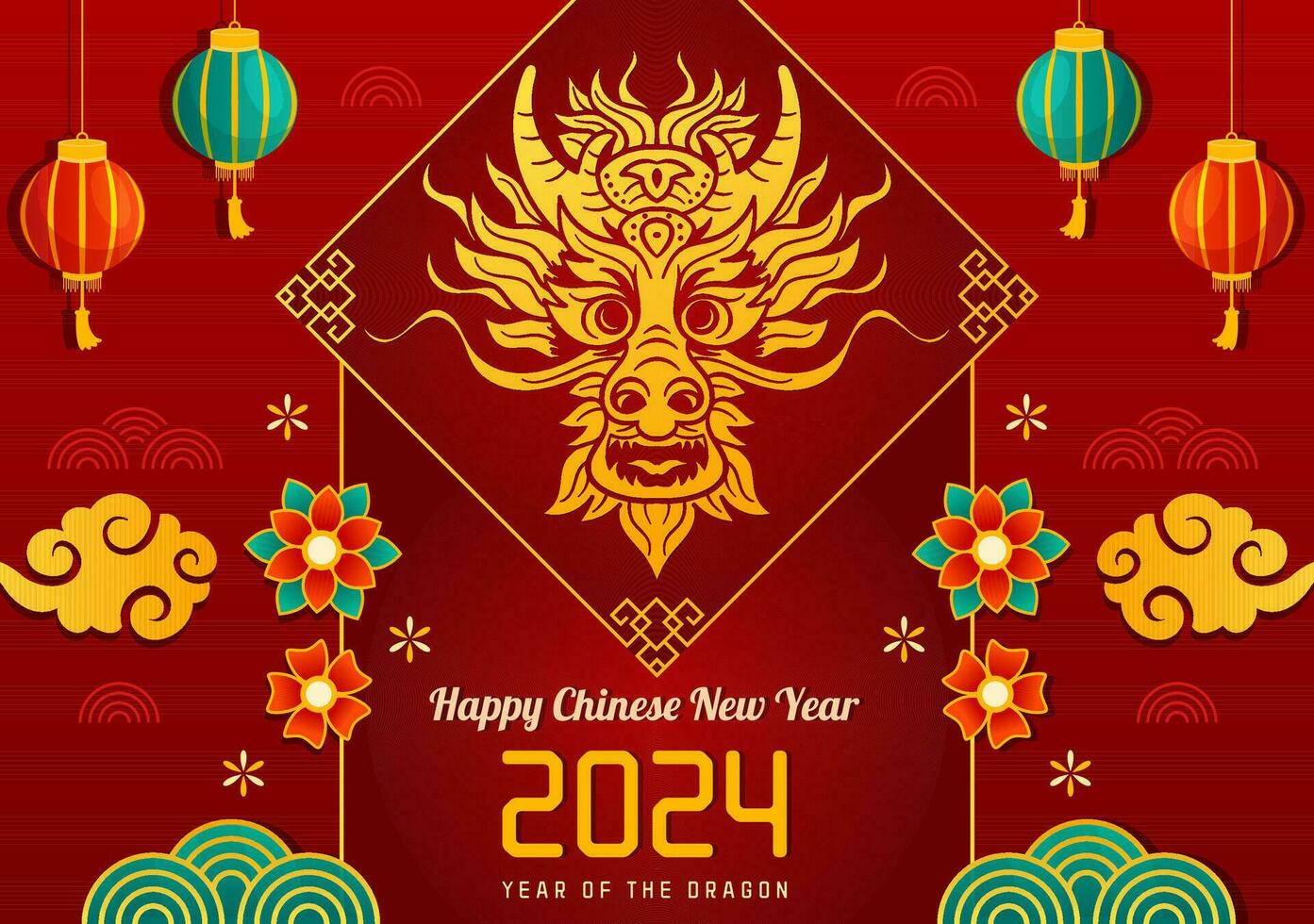 contento chino nuevo año 2024 vector ilustración. Traducción año de el continuar. con flor, linterna, dragones y China elementos en antecedentes