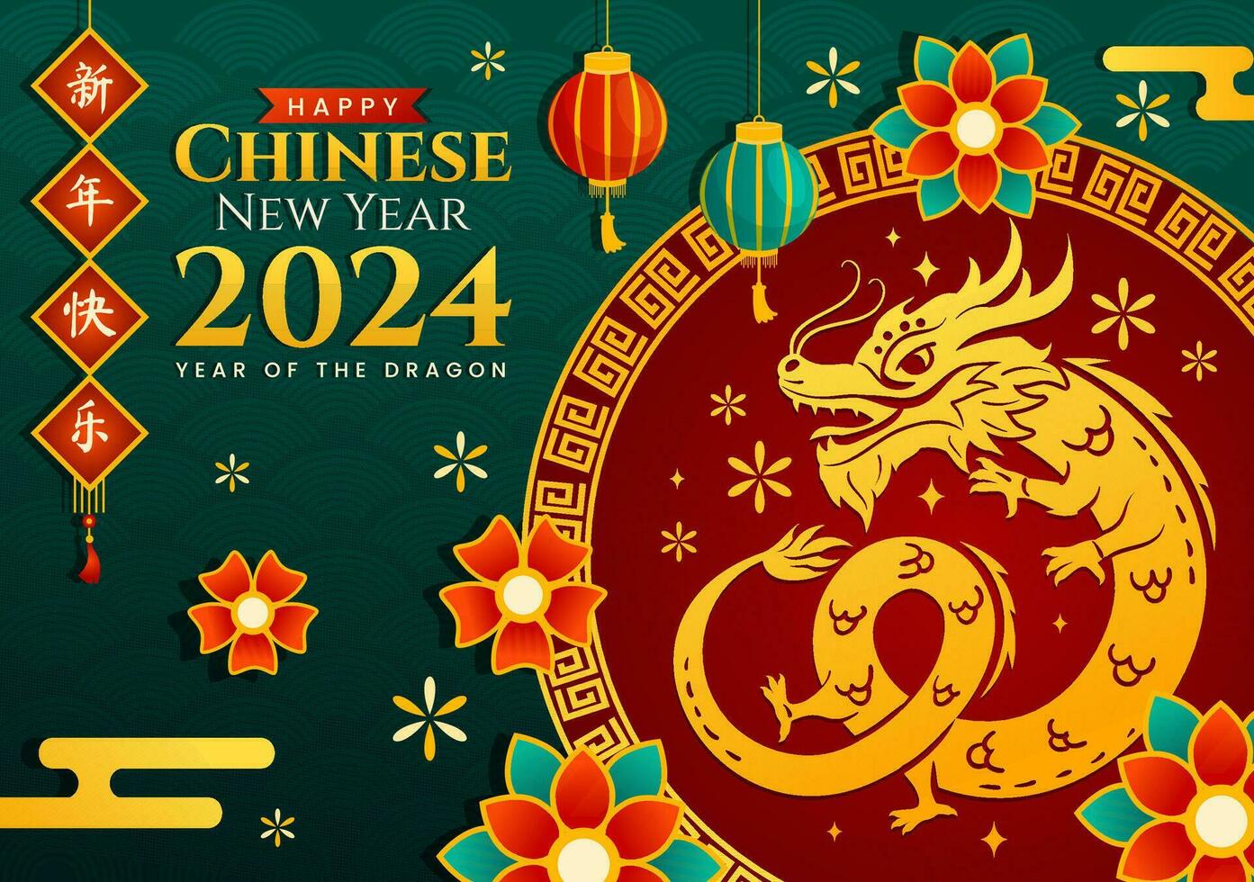 contento chino nuevo año 2024 vector ilustración. Traducción año de el continuar. con flor, linterna, dragones y China elementos en antecedentes