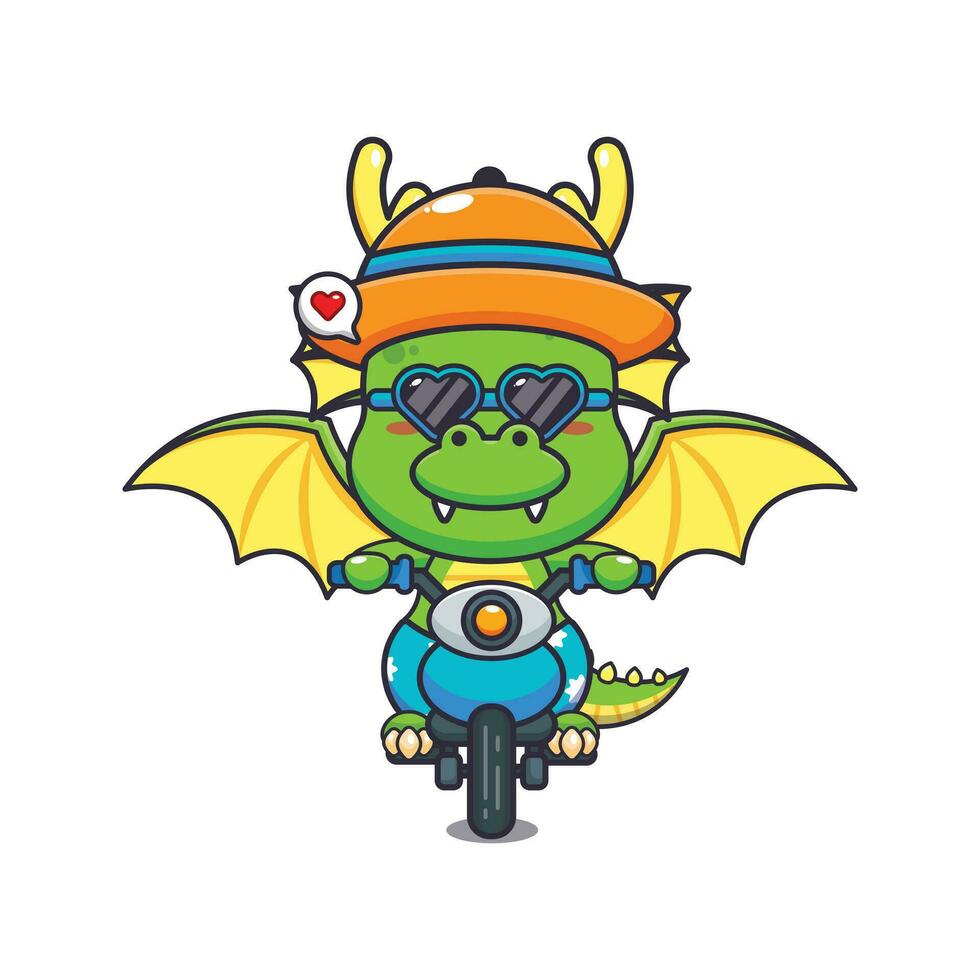 Cool dragon with sunglasses riding a motorcycle in summer day. Cute summer cartoon illustration. vector