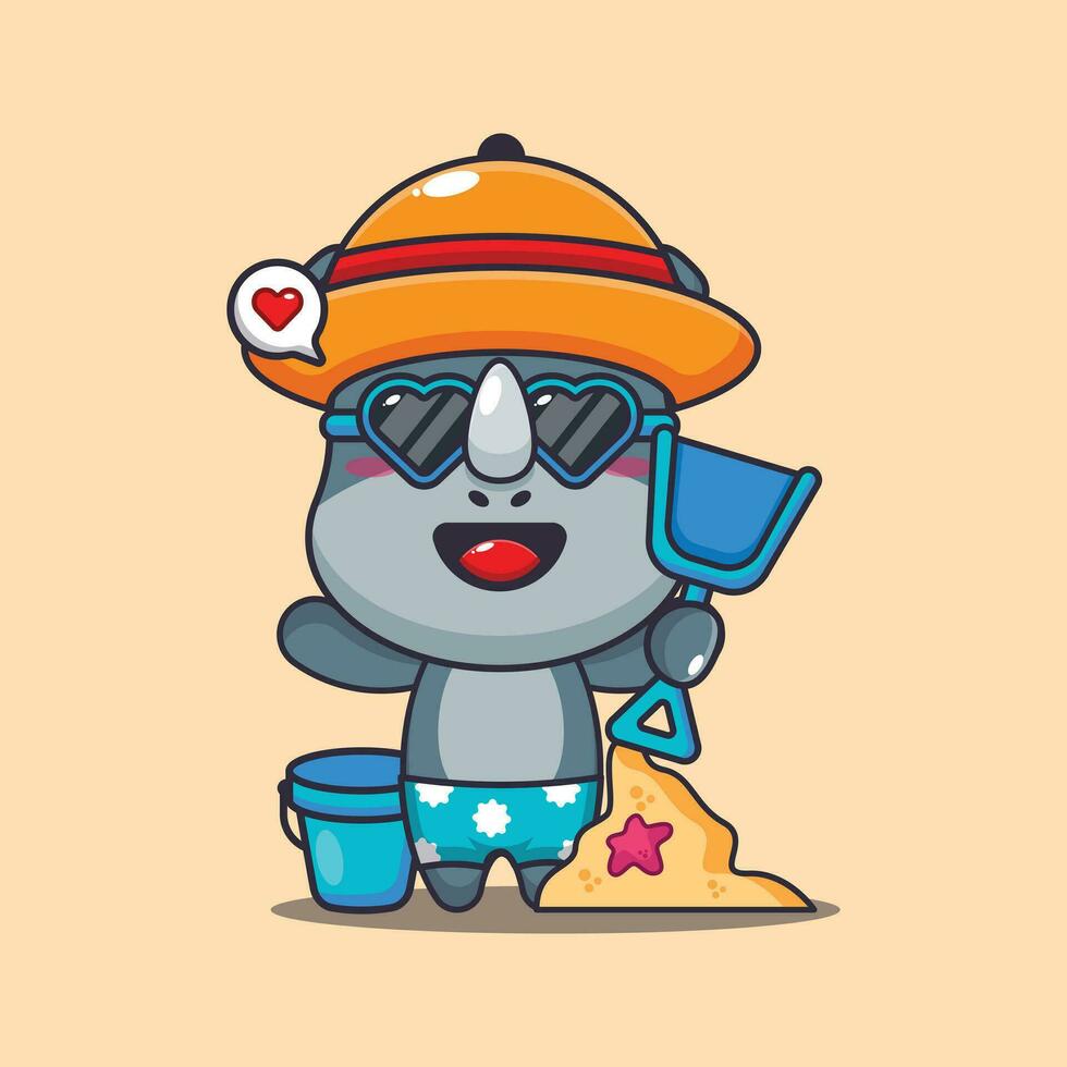 Cute rhino in sunglasses play sand beach cartoon illustration. Cute summer cartoon illustration. vector