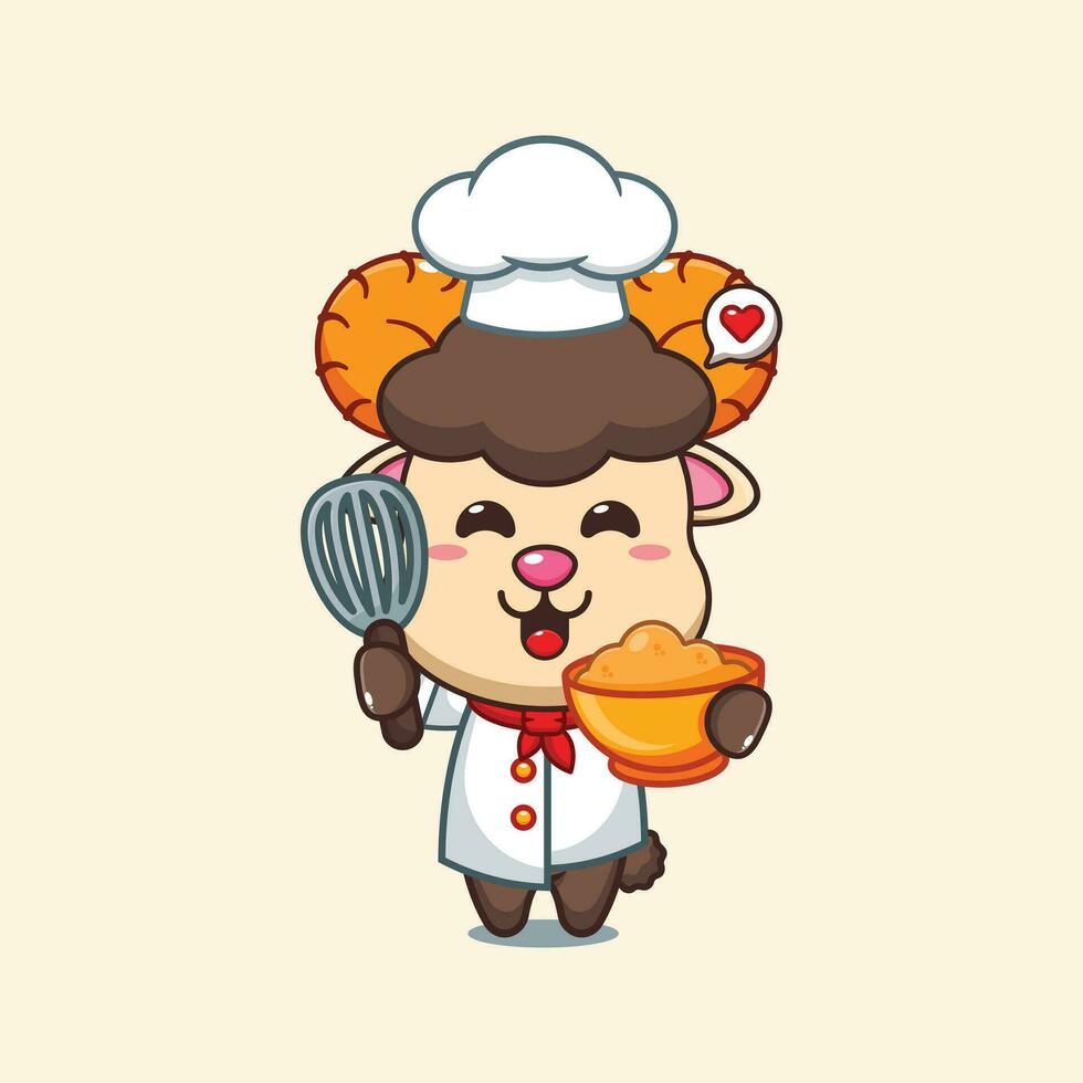 Chef ram sheep cartoon vector with cake dough.