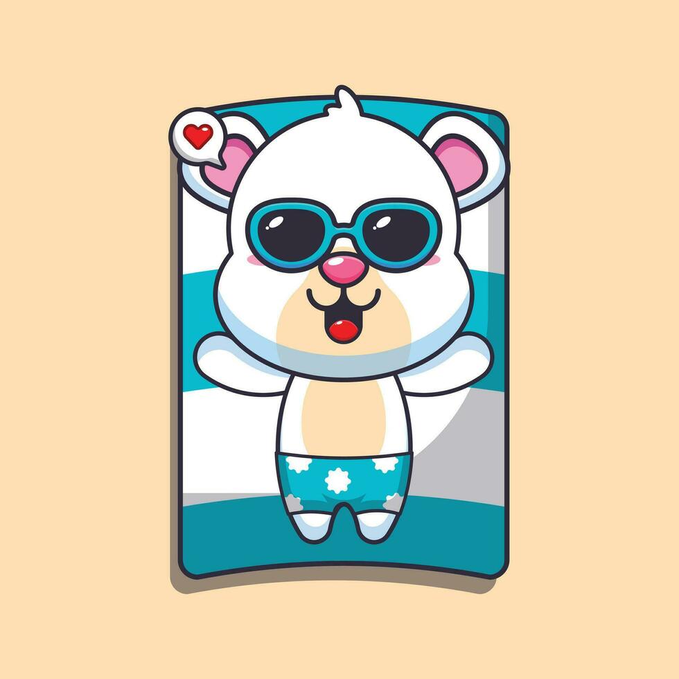 Cute polar bear with sunglasses sleep on beach. Cute summer cartoon illustration. vector