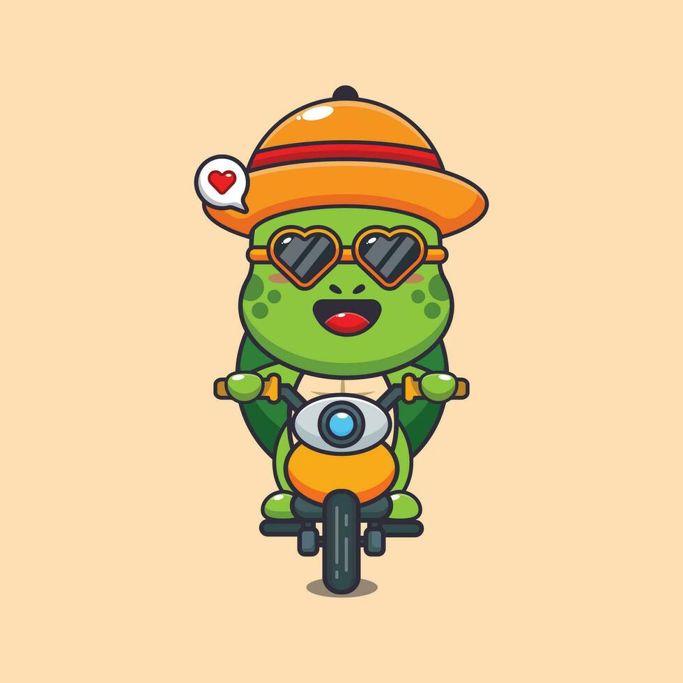 frio Tortuga con Gafas de sol montando un motocicleta en verano día. linda verano dibujos animados ilustración. vector