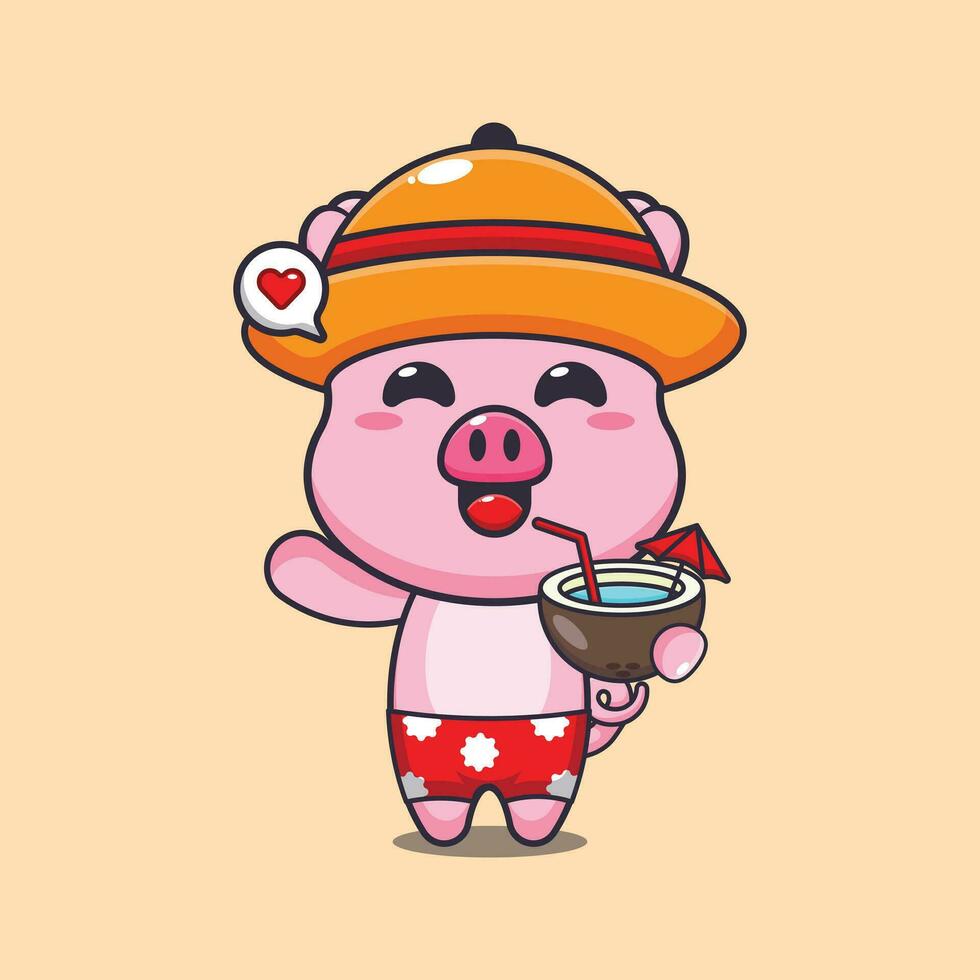 Cute pig drink coconut cartoon illustration. Cute summer cartoon illustration. vector