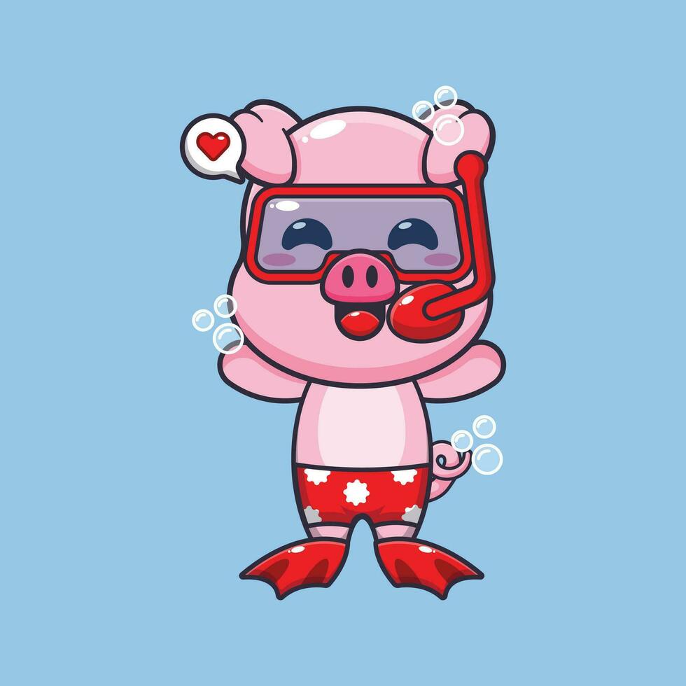 Cute pig diving cartoon mascot character illustration. Cute summer cartoon illustration. vector