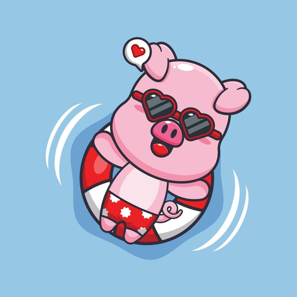 Cute pig in sunglasses float with buoy. Cute summer cartoon illustration. vector