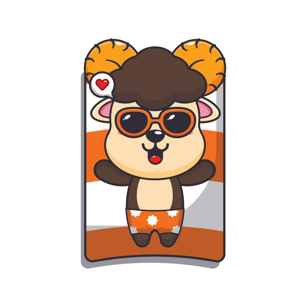 Cute ram sheep with sunglasses sleep on beach. Cute summer cartoon illustration. vector