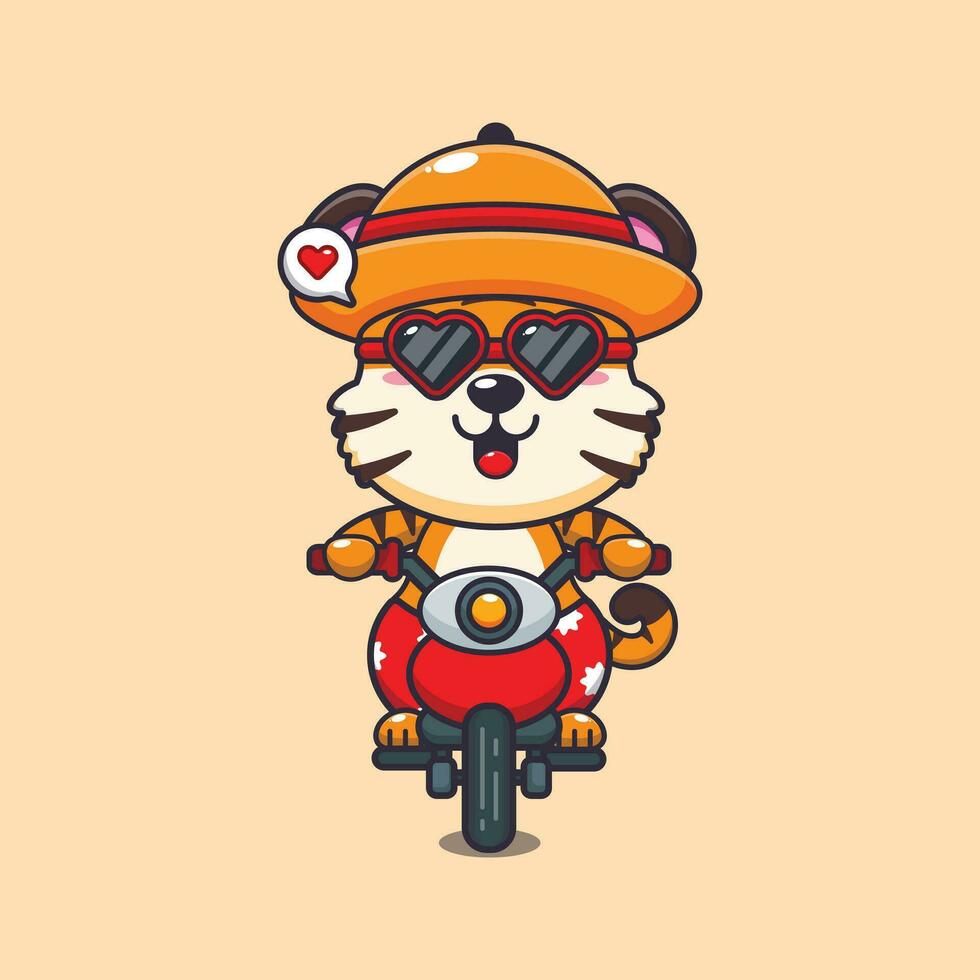Cool tiger with sunglasses riding a motorcycle in summer day. Cute summer cartoon illustration. vector