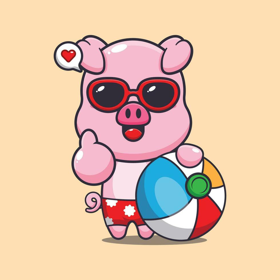 Cute pig in sunglasses with beach ball cartoon illustration. Cute summer cartoon illustration. vector