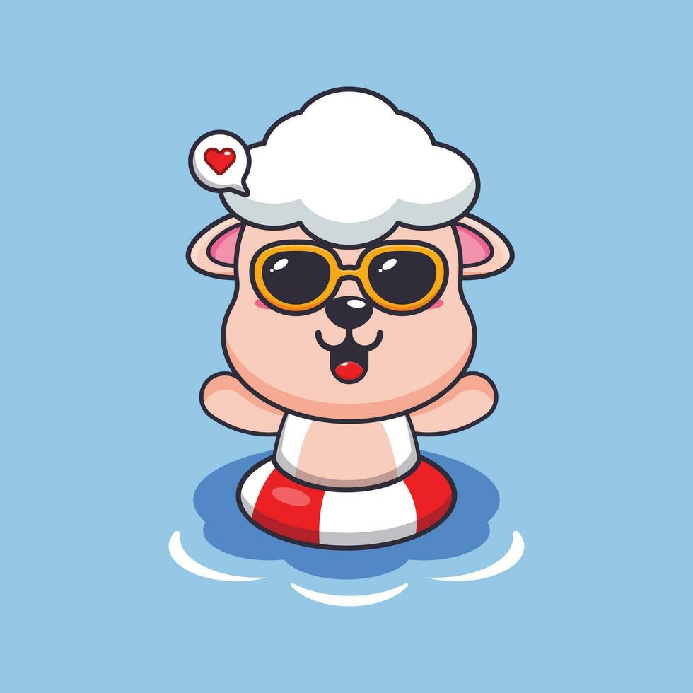 Cute sheep in sunglasses swimming on beach. Cute summer cartoon illustration. vector