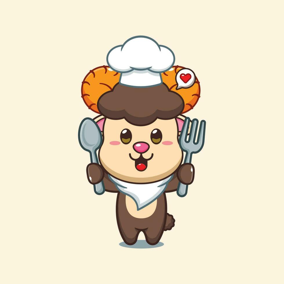 Chef ram sheep cartoon vector holding spoon and fork.