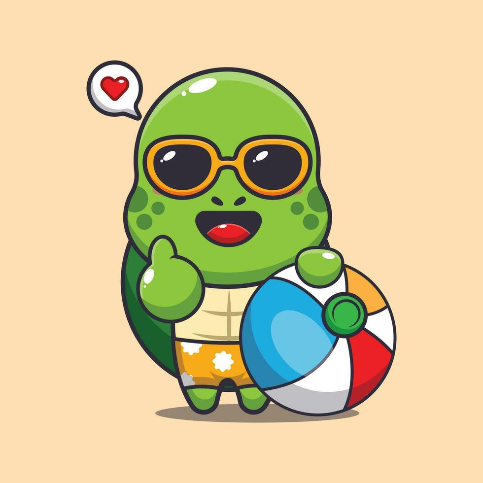 Cute turtle in sunglasses with beach ball cartoon illustration. Cute summer cartoon illustration. vector
