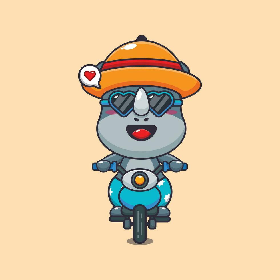 Cool rhino with sunglasses riding a motorcycle in summer day. Cute summer cartoon illustration. vector