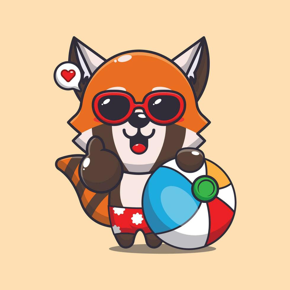 linda rojo panda en Gafas de sol con playa pelota dibujos animados ilustración. linda verano dibujos animados ilustración. vector