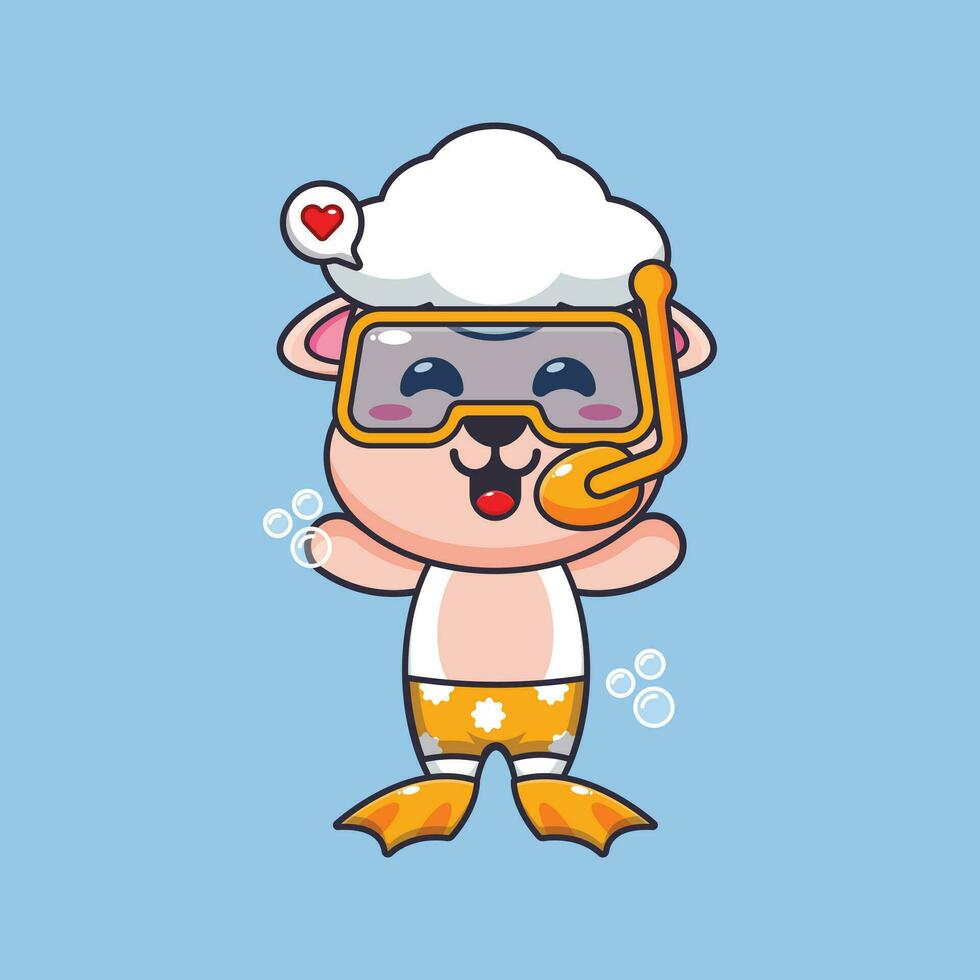 Cute sheep diving cartoon mascot character illustration. Cute summer cartoon illustration. vector