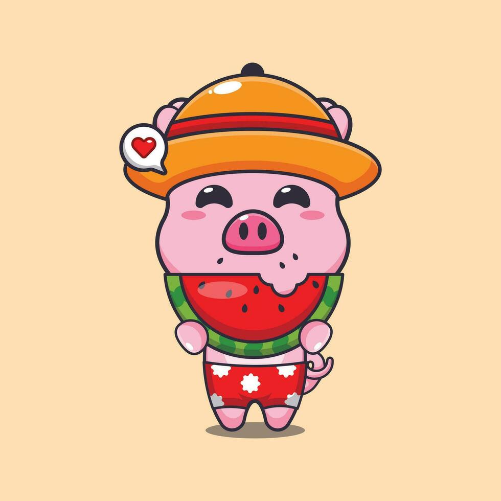 Cute pig eating fresh watermelon cartoon illustration. Cute summer cartoon illustration. vector