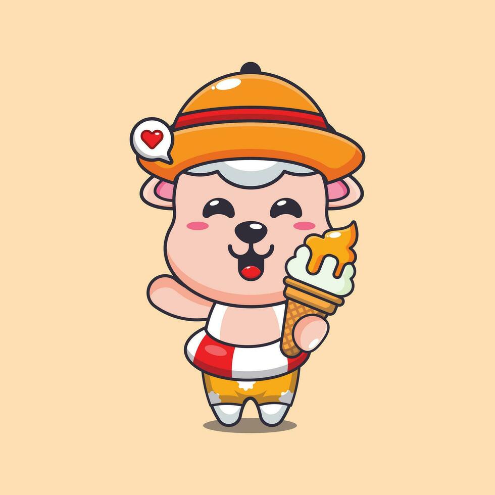 Cute sheep with ice cream on beach cartoon illustration. Cute summer cartoon illustration. vector