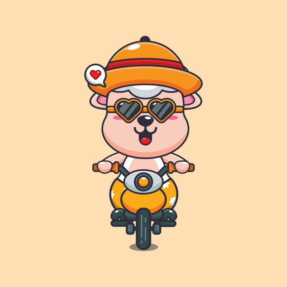 Cool sheep with sunglasses riding a motorcycle in summer day. Cute summer cartoon illustration. vector