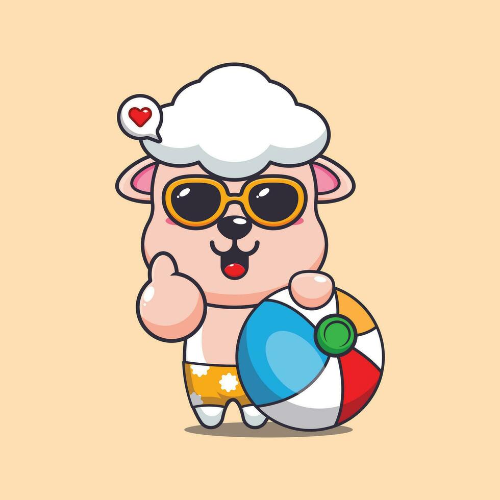 Cute sheep in sunglasses with beach ball cartoon illustration. Cute summer cartoon illustration. vector