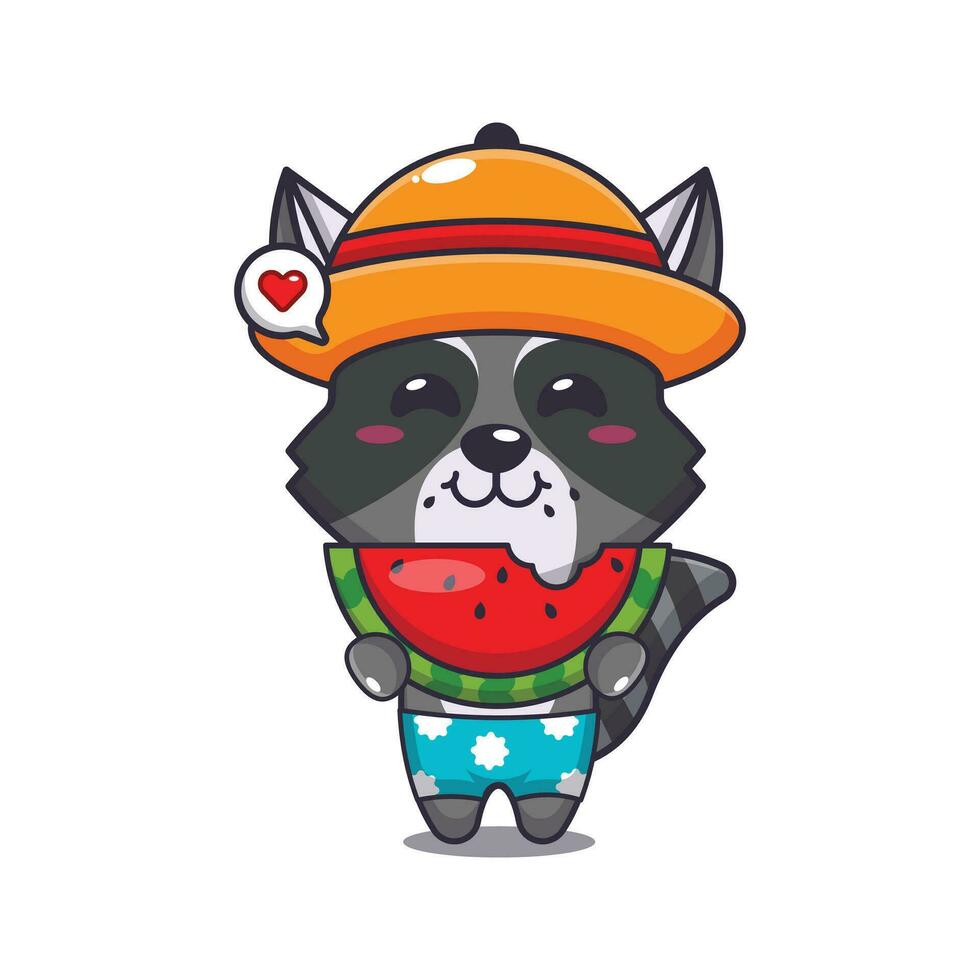 Cute raccoon eating fresh watermelon cartoon illustration. Cute summer cartoon illustration. vector