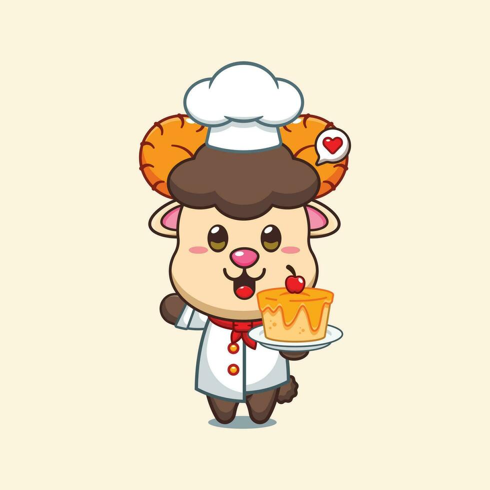 Chef ram sheep cartoon vector with cake.