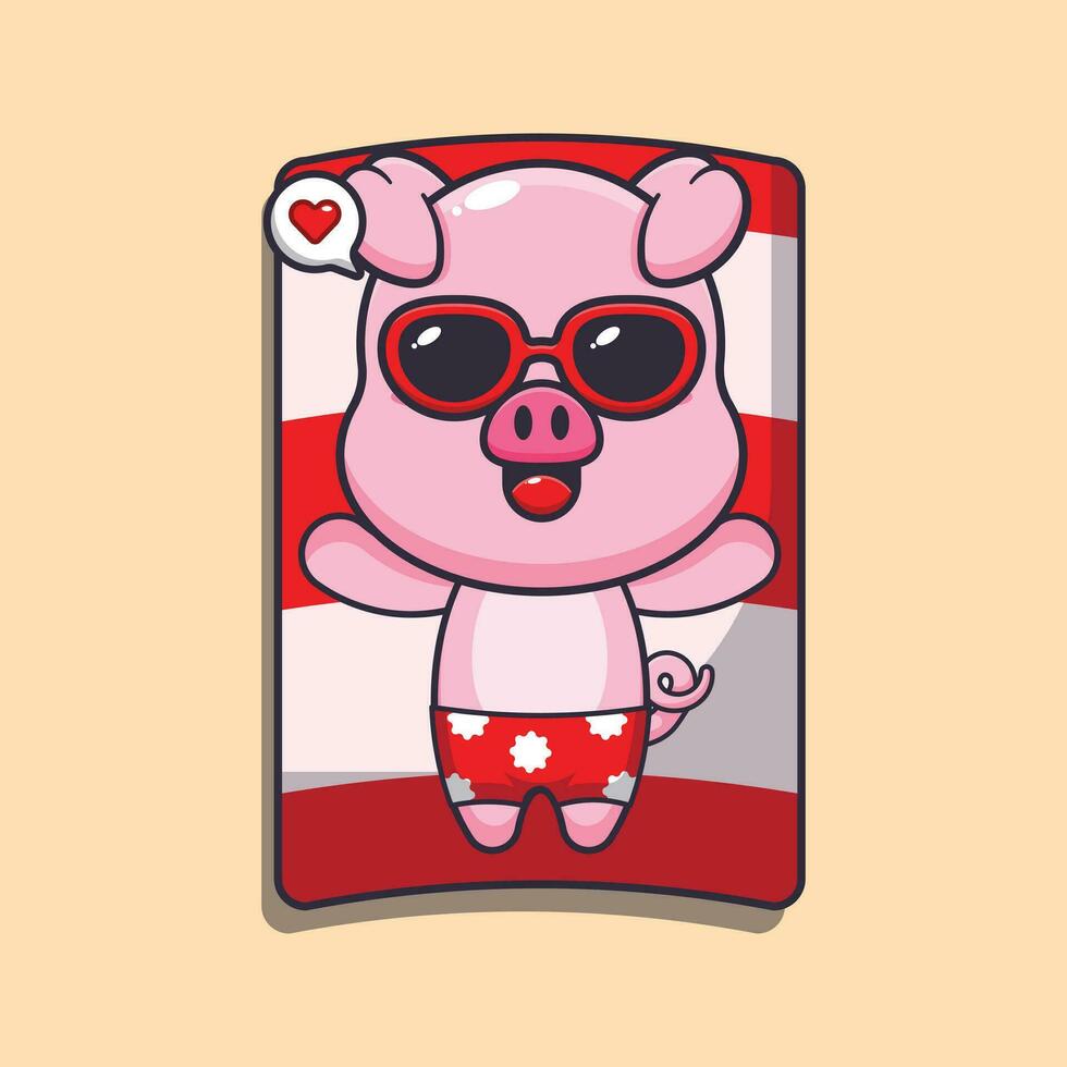 Cute pig with sunglasses sleep on beach. Cute summer cartoon illustration. vector