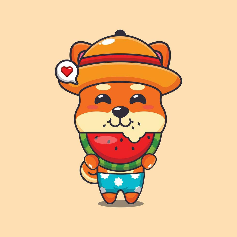 Cute shiba inu eating fresh watermelon cartoon illustration. Cute summer cartoon illustration. vector