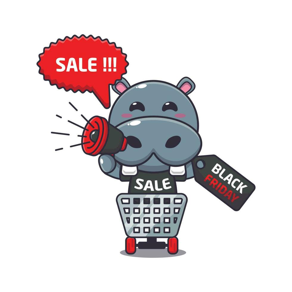 cute hippo in shopping cart is promoting black friday sale with megaphone cartoon vector illustration
