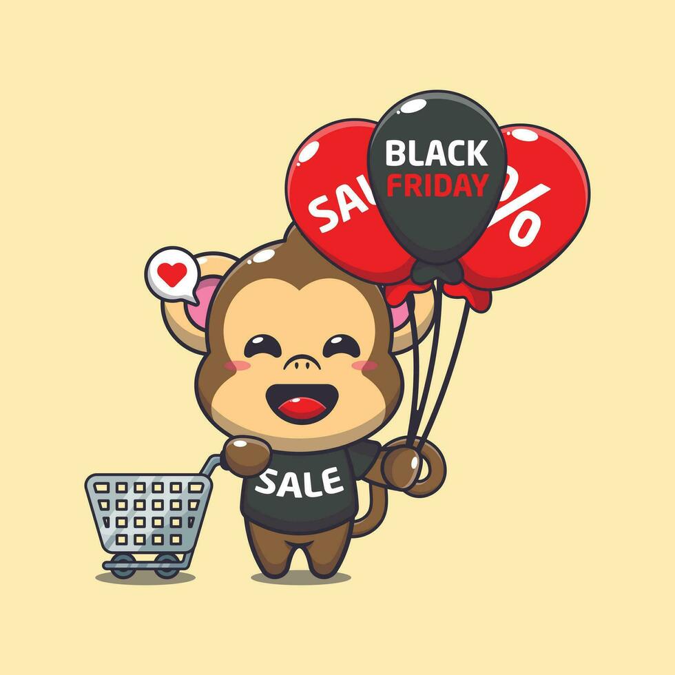 cute monkey with shopping cart and balloon at black friday sale cartoon vector illustration