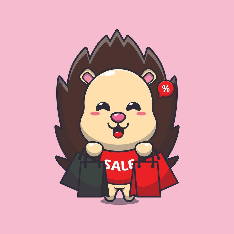 cute hedgehog with shopping bag in black friday sale cartoon vector illustration