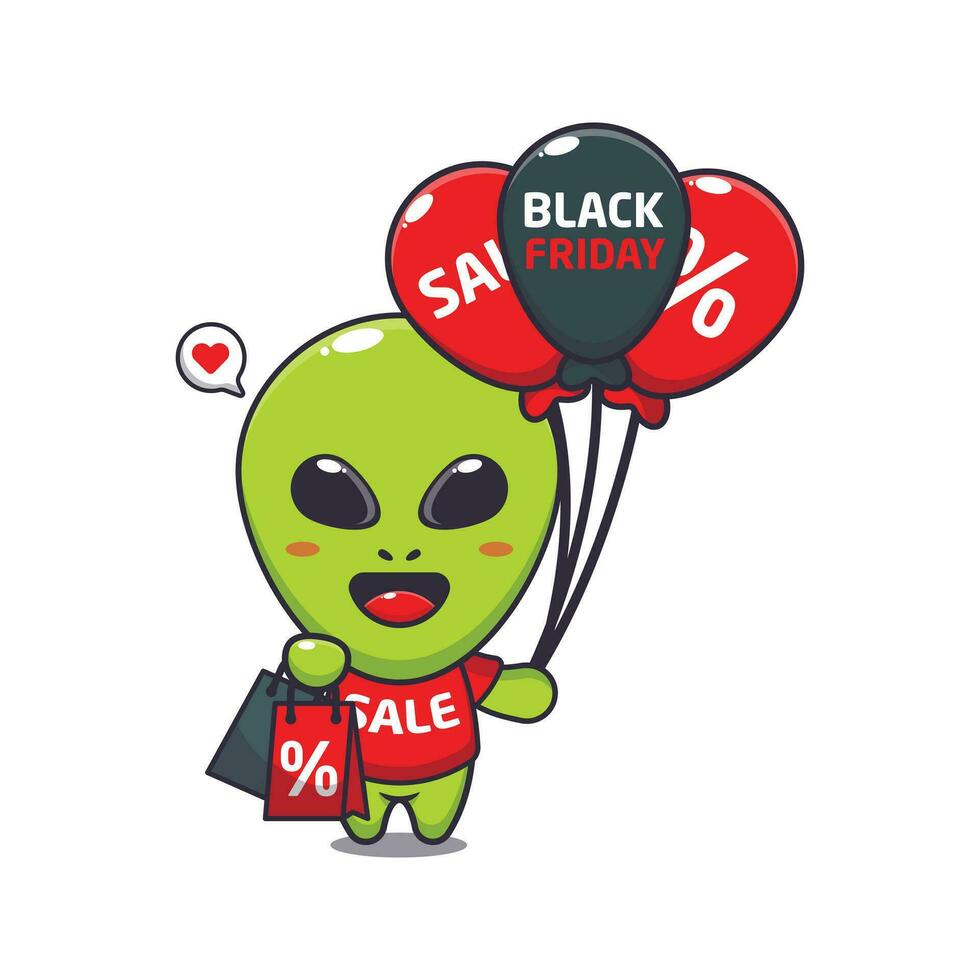 linda extraterrestre con compras bolso y globo a negro viernes rebaja dibujos animados vector ilustración