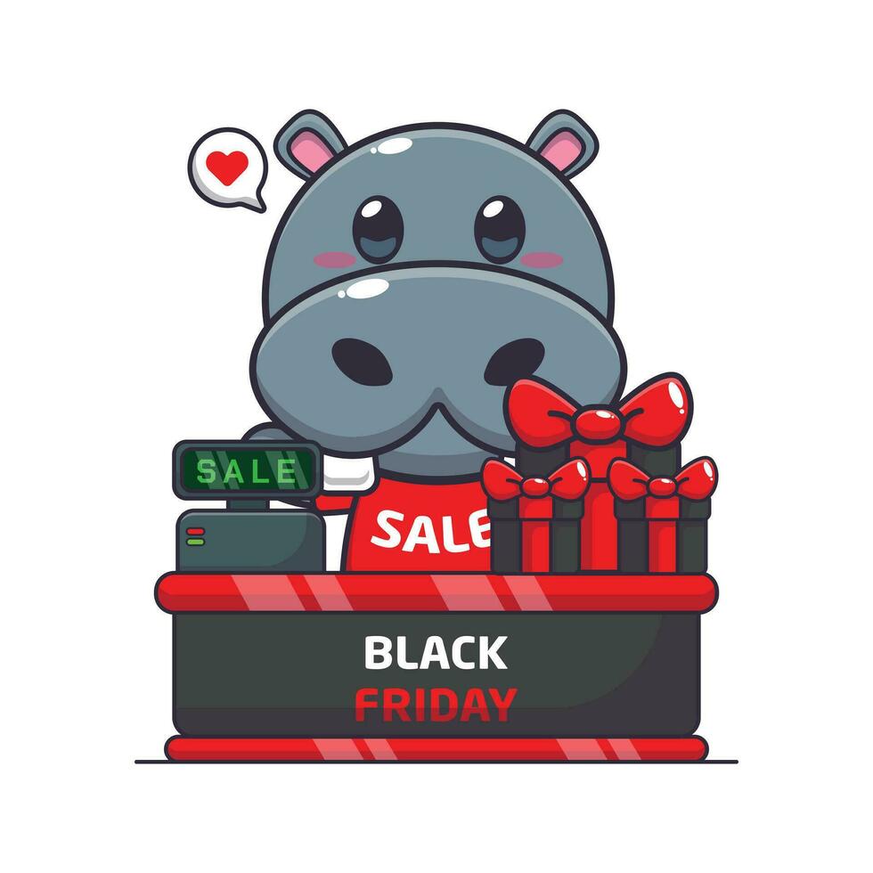 cute hippo with cashier table in black friday sale cartoon vector illustration