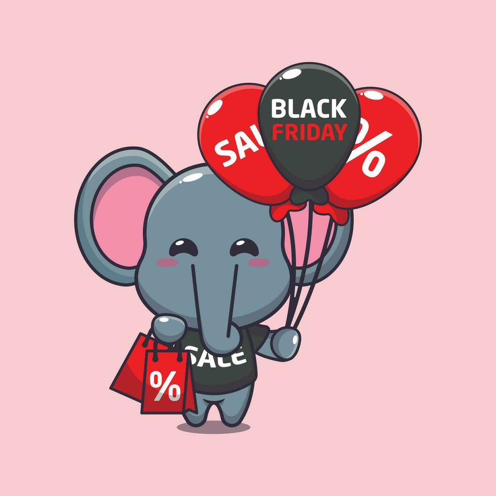 cute elephant with shopping bag and balloon at black friday sale cartoon vector illustration