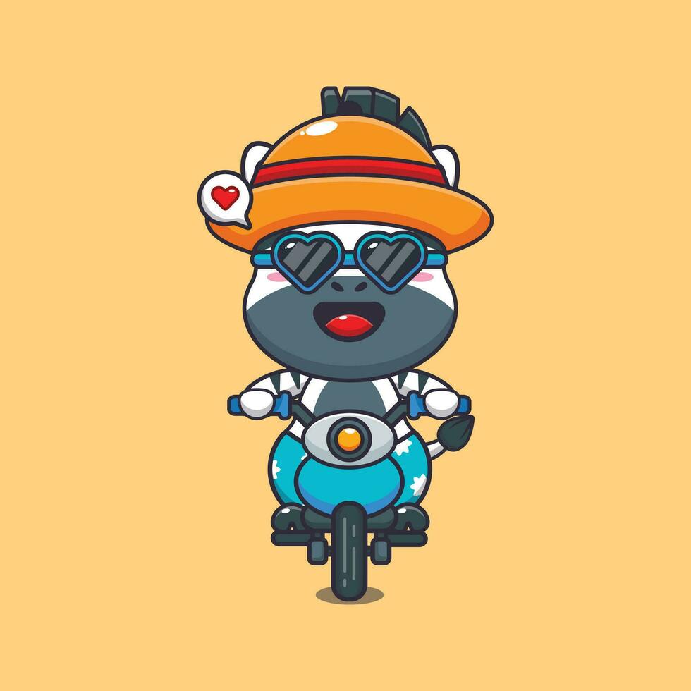 Cool zebra with sunglasses riding a motorcycle in summer day. Cute summer cartoon illustration. vector