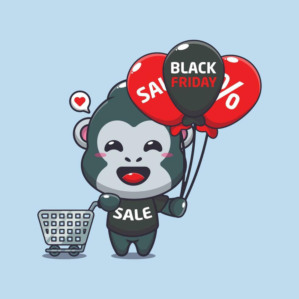 cute gorilla with shopping cart and balloon at black friday sale cartoon vector illustration