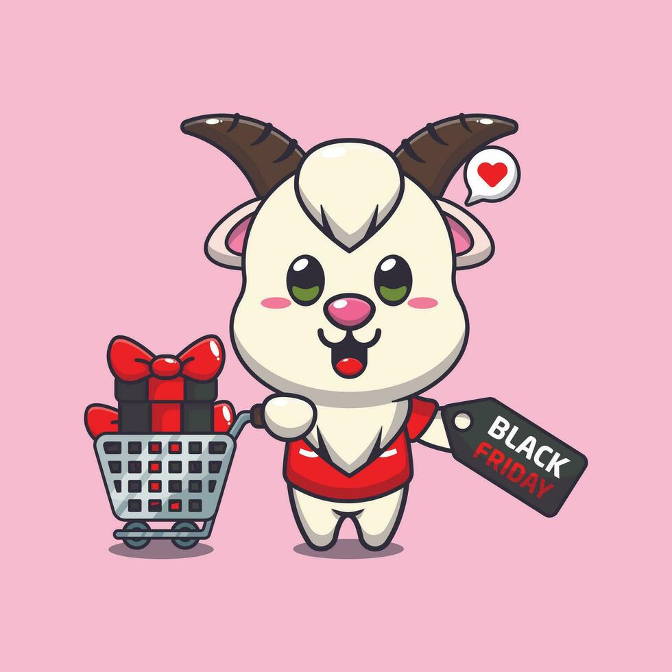cute goat with shopping cart and discount coupon black friday sale cartoon vector illustration