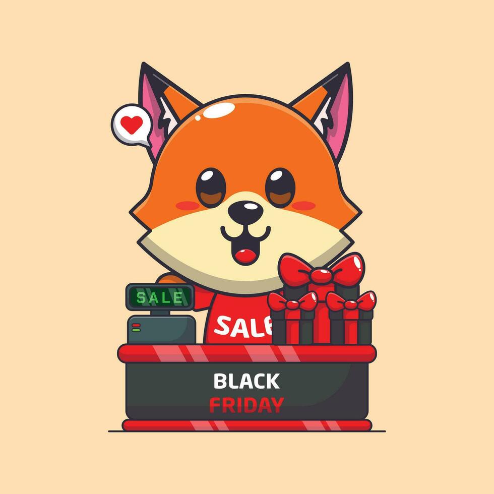 cute fox with cashier table in black friday sale cartoon vector illustration