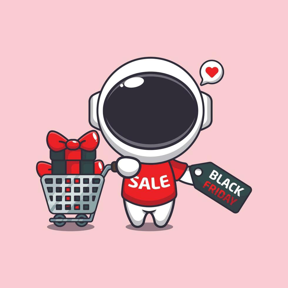 cute astronaut with shopping cart and discount coupon black friday sale cartoon vector illustration