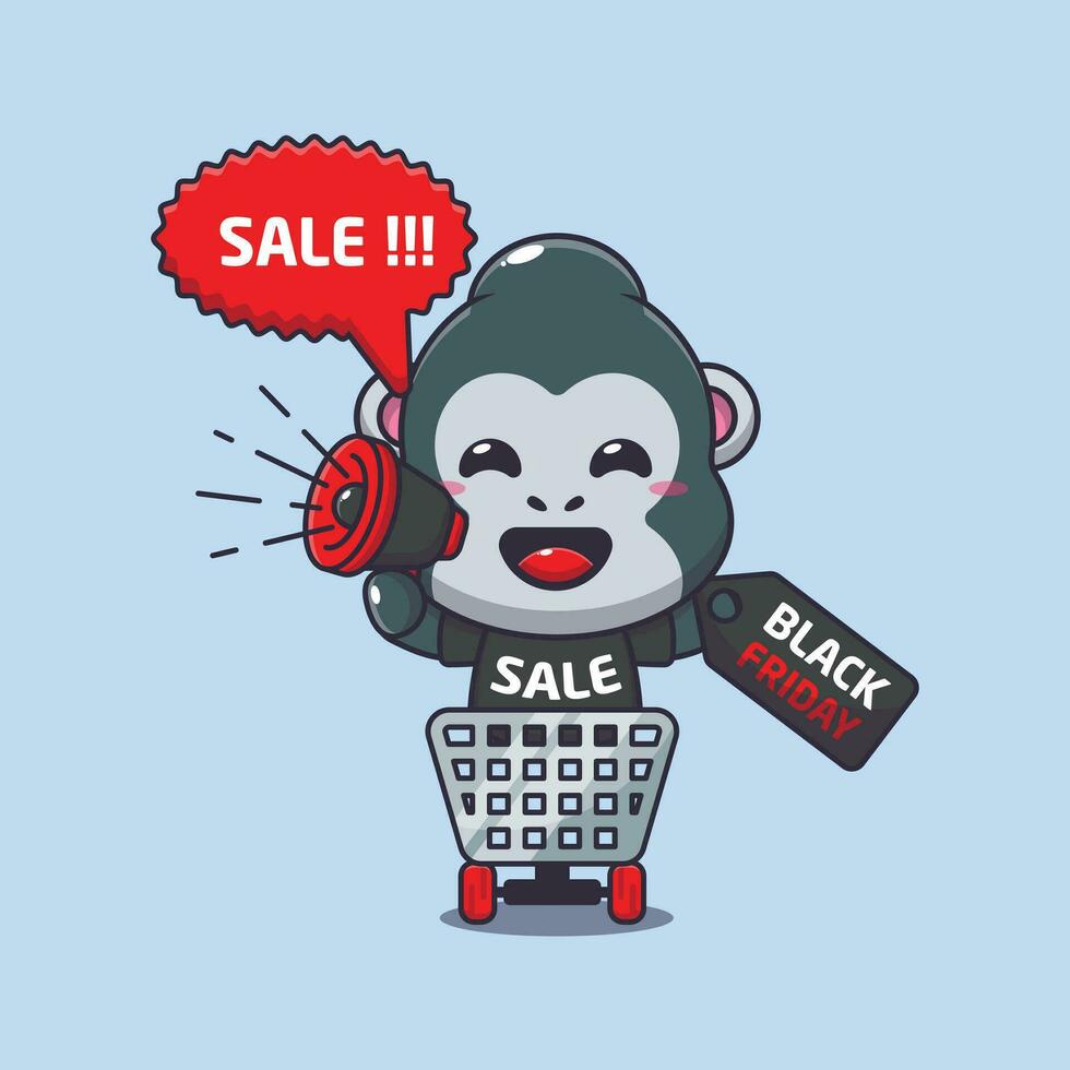 cute gorilla in shopping cart is promoting black friday sale with megaphone cartoon vector illustration