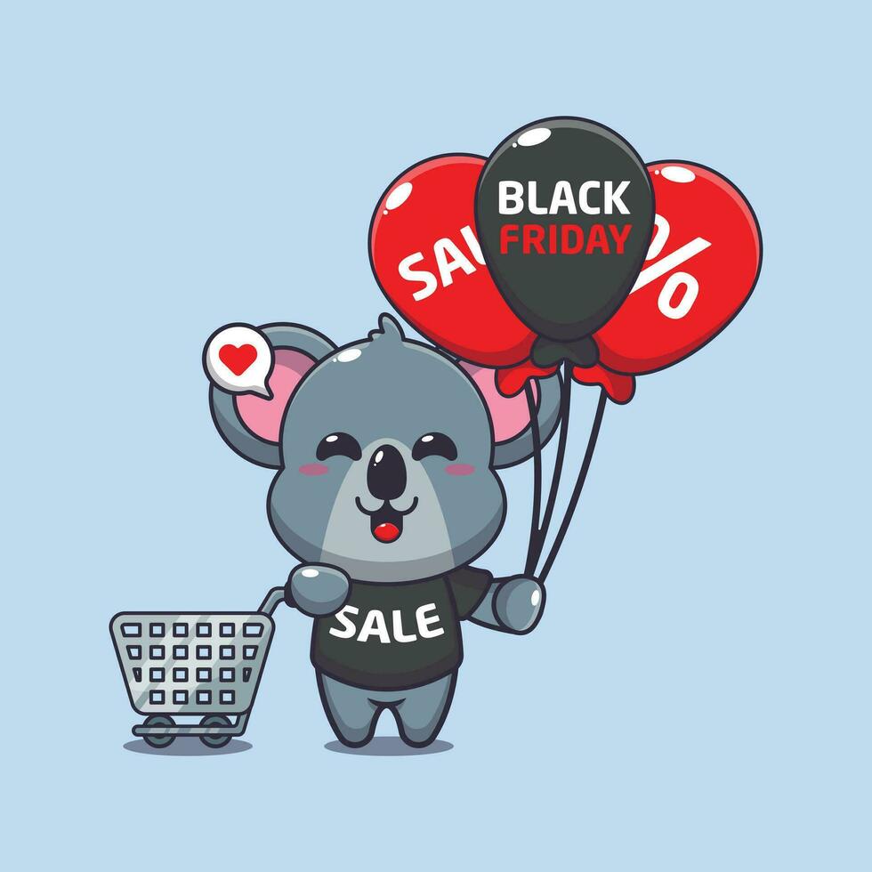 cute koala with shopping cart and balloon at black friday sale cartoon vector illustration