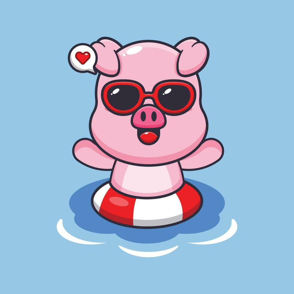 Cute pig in sunglasses swimming on beach. Cute summer cartoon illustration. vector